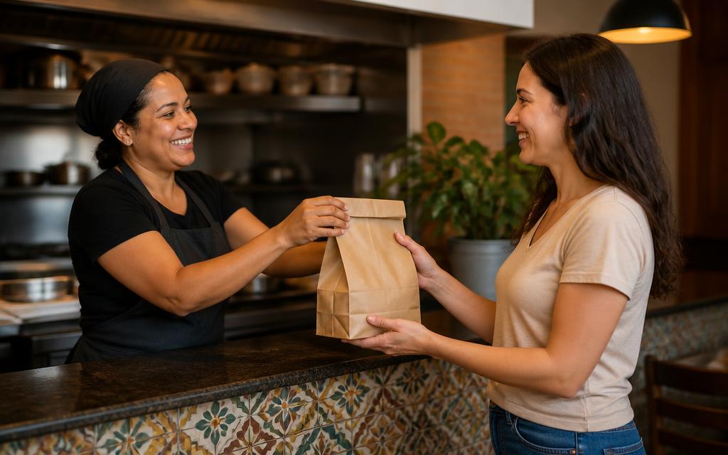 Clientes sendo atendidos no salão do restaurante