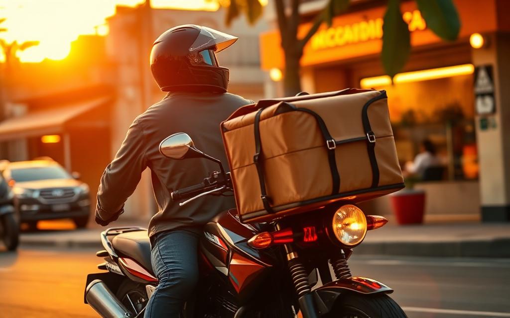 Entregador saindo com pedido do restaurante