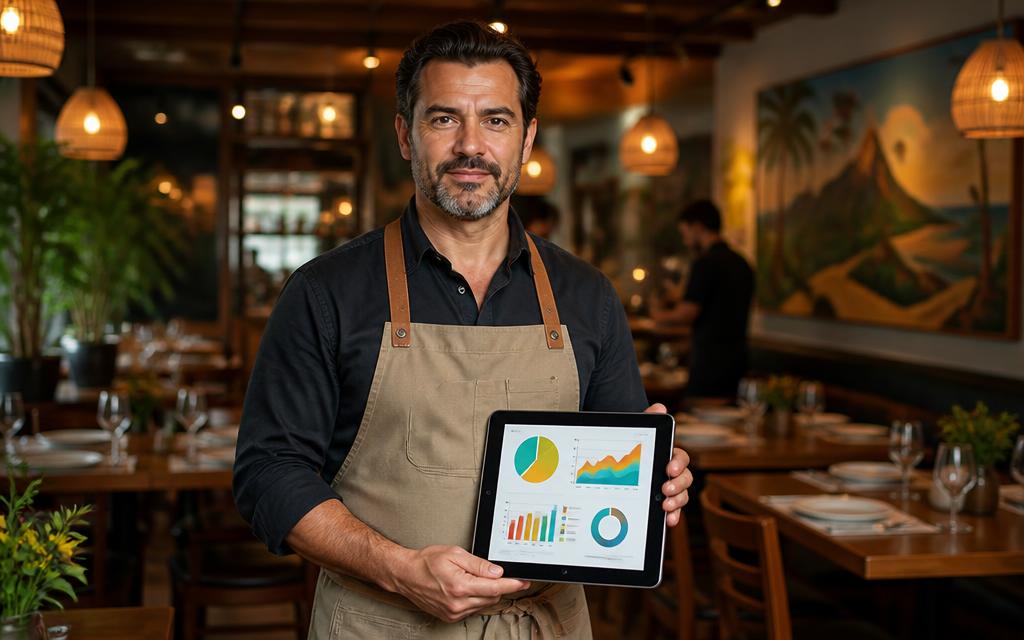 Dono do restaurante analisando relatórios de vendas